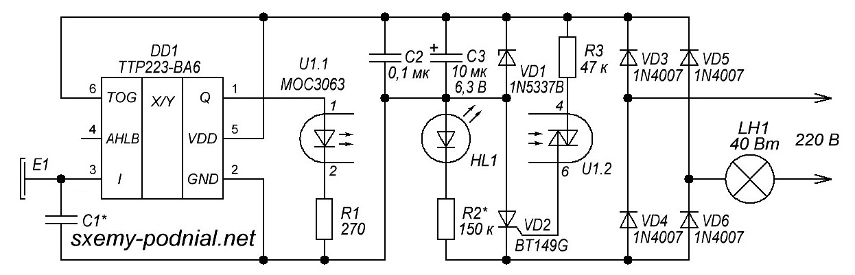 Схема сенсорного выключателя освещения на TTP223-BA6
